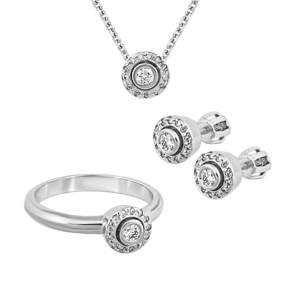 Pandora Sterling Silver and CZ Round Sparkle Halo Necklace and Earrings Set